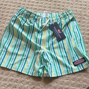 Vineyard Vines Green and Yellow Striped Swim Shorts